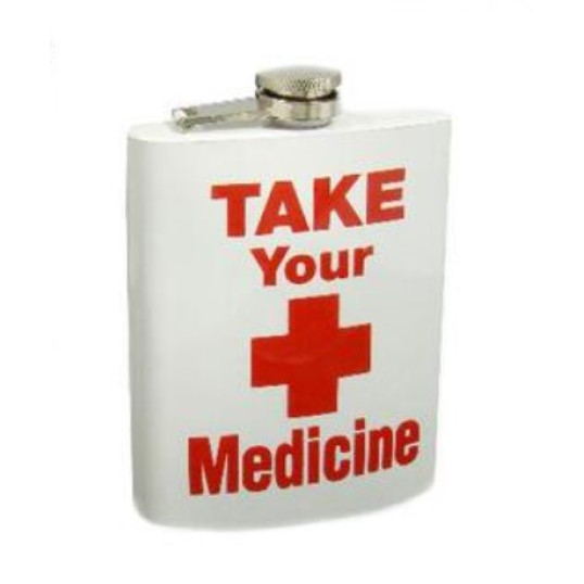 Rozsdamentes fehér flaska "Take your Medicine", felirattal és vörös kereszttel, 2 pohárral - 6 oz. = 1.77dl