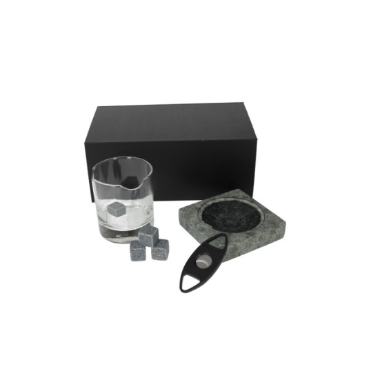 Angelo exkluzív Whiskys pohár szett fekete díszdobozban tartozékokkal - Gránit szivarhamutartóval