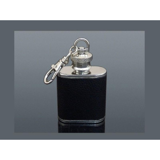 Kisméretű kulcsra akasztható rozsdamentes acél flaska laposüveg - 1 oz. = 29.6ml - Fekete színű műbőr bevonattal