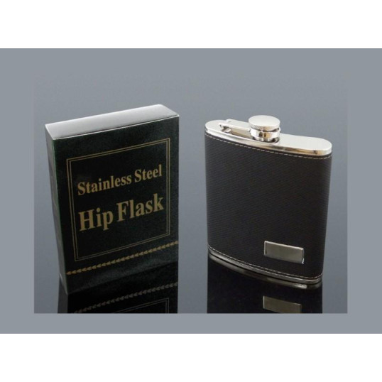 Rozsdamentes acél flaska, laposüveg 7 oz. = 2.07 dl - Fekete színű műbőr külső burkolattal