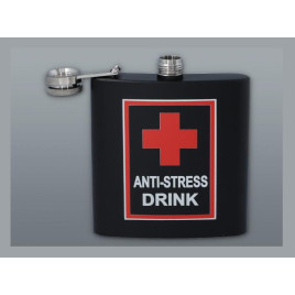 Matt fekete színű rozsdamentes acél flaska, laposüveg 6 oz. = 1.77 dl - Anti Stress Drink felirattal