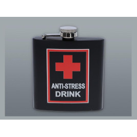 Matt fekete színű rozsdamentes acél flaska, laposüveg 6 oz. = 1.77 dl - Anti Stress Drink felirattal