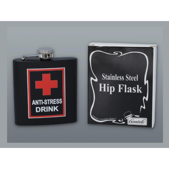 Matt fekete színű rozsdamentes acél flaska, laposüveg 6 oz. = 1.77 dl - Anti Stress Drink felirattal