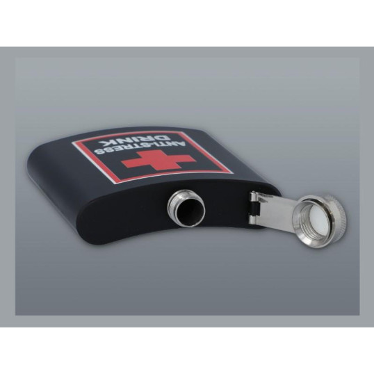 Matt fekete színű rozsdamentes acél flaska, laposüveg 6 oz. = 1.77 dl - Anti Stress Drink felirattal