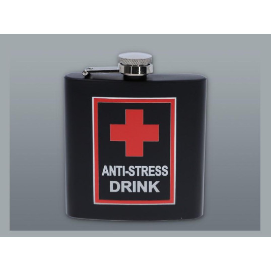 Matt fekete színű rozsdamentes acél flaska, laposüveg 6 oz. = 1.77 dl - Anti Stress Drink felirattal
