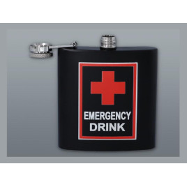 Matt fekete színű rozsdamentes acél flaska, laposüveg 6 oz. = 1.77 dl - Emergency Drink felirattal