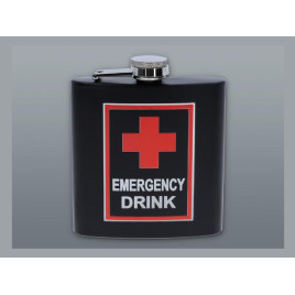 Matt fekete színű rozsdamentes acél flaska, laposüveg 6 oz. = 1.77 dl - Emergency Drink felirattal