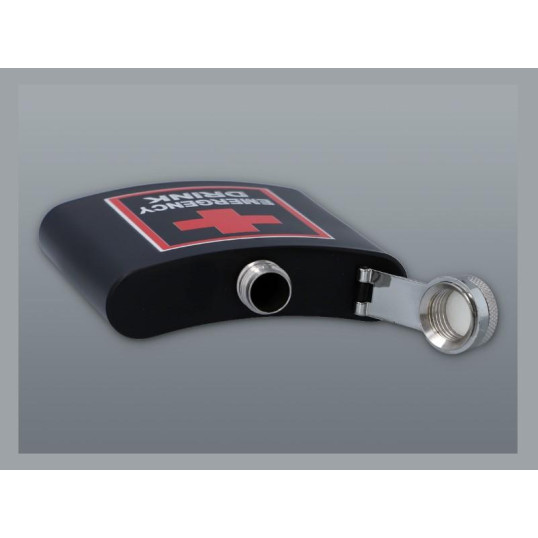 Matt fekete színű rozsdamentes acél flaska, laposüveg 6 oz. = 1.77 dl - Emergency Drink felirattal