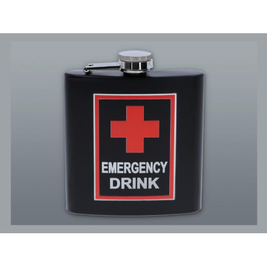 Matt fekete színű rozsdamentes acél flaska, laposüveg 6 oz. = 1.77 dl - Emergency Drink felirattal