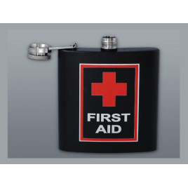 Matt fekete színű rozsdamentes acél flaska, laposüveg 6 oz. = 1.77 dl - First Aid felirattal