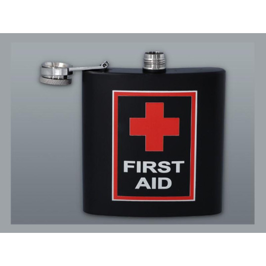 Matt fekete színű rozsdamentes acél flaska, laposüveg 6 oz. = 1.77 dl - First Aid felirattal