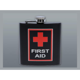 Matt fekete színű rozsdamentes acél flaska, laposüveg 6 oz. = 1.77 dl - First Aid felirattal