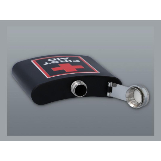 Matt fekete színű rozsdamentes acél flaska, laposüveg 6 oz. = 1.77 dl - First Aid felirattal