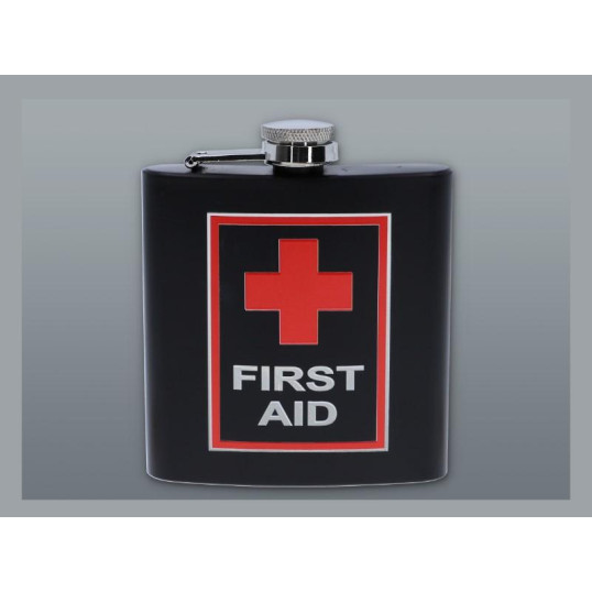 Matt fekete színű rozsdamentes acél flaska, laposüveg 6 oz. = 1.77 dl - First Aid felirattal