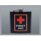Matt fekete színű rozsdamentes acél flaska, laposüveg 6 oz. = 1.77 dl - First Aid felirattal