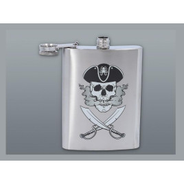 Szálcsiszolt króm színű rozsdamentes acél flaska, laposüveg 6 oz. = 1.77 dl - Kalóz mintával