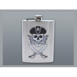 Szálcsiszolt króm színű rozsdamentes acél flaska, laposüveg 6 oz. = 1.77 dl - Kalóz mintával