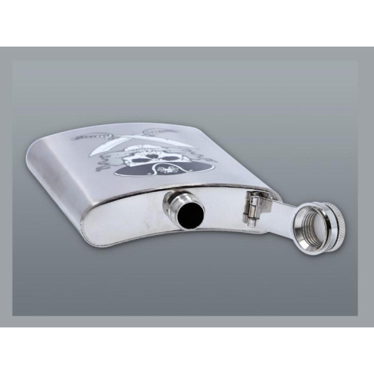 Szálcsiszolt króm színű rozsdamentes acél flaska, laposüveg 6 oz. = 1.77 dl - Kalóz mintával