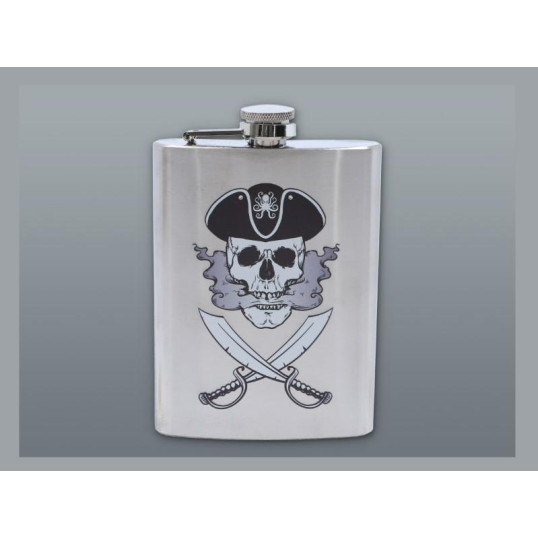 Szálcsiszolt króm színű rozsdamentes acél flaska, laposüveg 6 oz. = 1.77 dl - Kalóz mintával