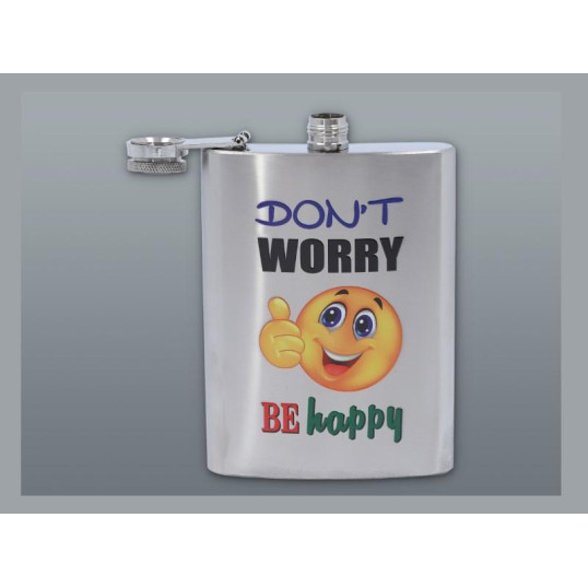 Szálcsiszolt króm színű rozsdamentes acél flaska, laposüveg 6 oz. = 1.77 dl - Smile mintával