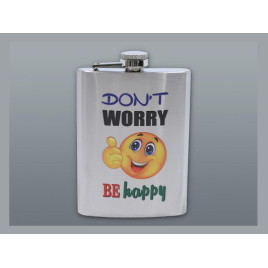 Szálcsiszolt króm színű rozsdamentes acél flaska, laposüveg 6 oz. = 1.77 dl - Smile mintával