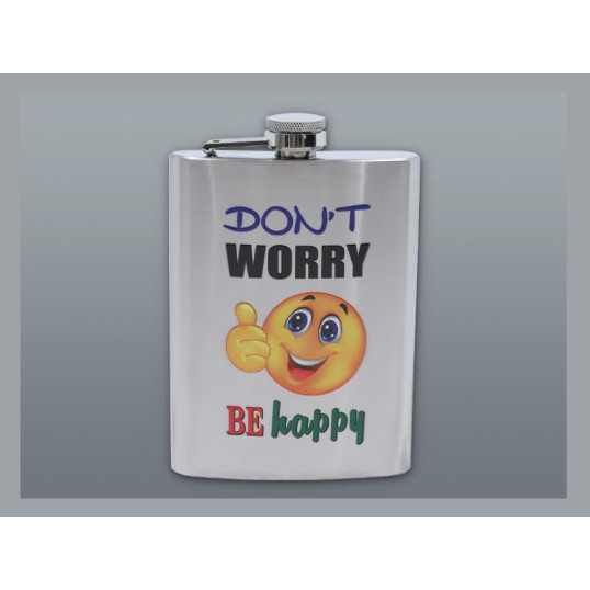 Szálcsiszolt króm színű rozsdamentes acél flaska, laposüveg 6 oz. = 1.77 dl - Smile mintával