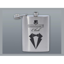 Szálcsiszolt króm színű rozsdamentes acél flaska, laposüveg 6 oz. = 1.77 dl - Gentlemans Club felirattal