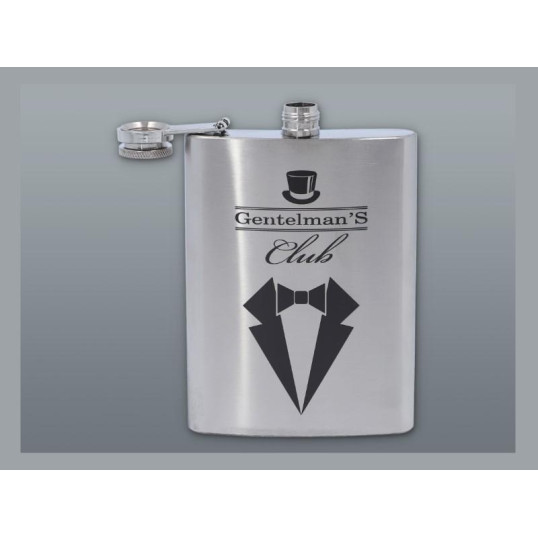 Szálcsiszolt króm színű rozsdamentes acél flaska, laposüveg 6 oz. = 1.77 dl - Gentlemans Club felirattal