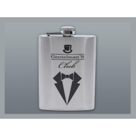Szálcsiszolt króm színű rozsdamentes acél flaska, laposüveg 6 oz. = 1.77 dl - Gentlemans Club felirattal