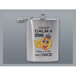 Szálcsiszolt króm színű rozsdamentes acél flaska, laposüveg 6 oz. = 1.77 dl - Keep Calm felirattal