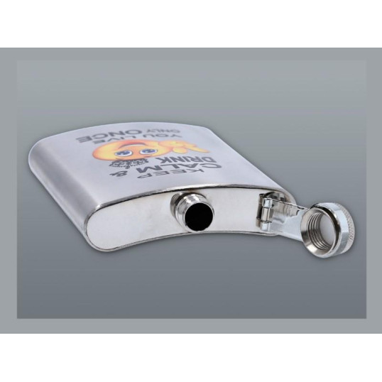 Szálcsiszolt króm színű rozsdamentes acél flaska, laposüveg 6 oz. = 1.77 dl - Keep Calm felirattal