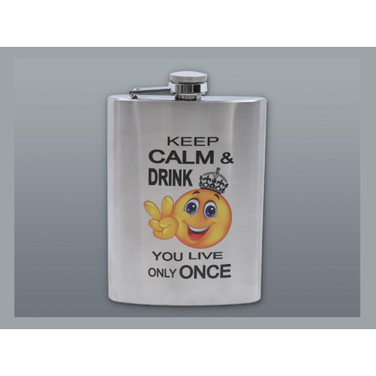 Szálcsiszolt króm színű rozsdamentes acél flaska, laposüveg 6 oz. = 1.77 dl - Keep Calm felirattal