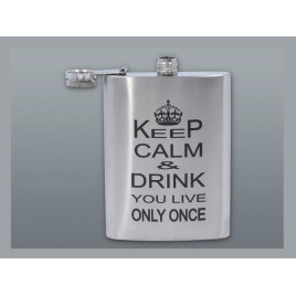 Szálcsiszolt króm színű rozsdamentes acél flaska, laposüveg 6 oz. = 1.77 dl - Keep Calm and Drink felirattal