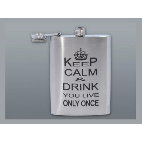 Szálcsiszolt króm színű rozsdamentes acél flaska, laposüveg 6 oz. = 1.77 dl - Keep Calm and Drink felirattal