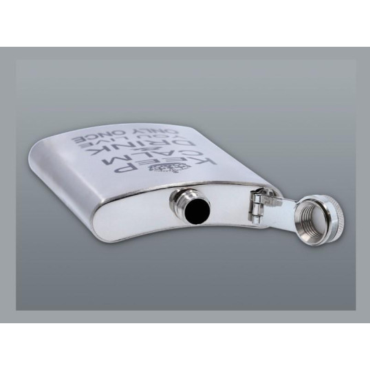 Szálcsiszolt króm színű rozsdamentes acél flaska, laposüveg 6 oz. = 1.77 dl - Keep Calm and Drink felirattal