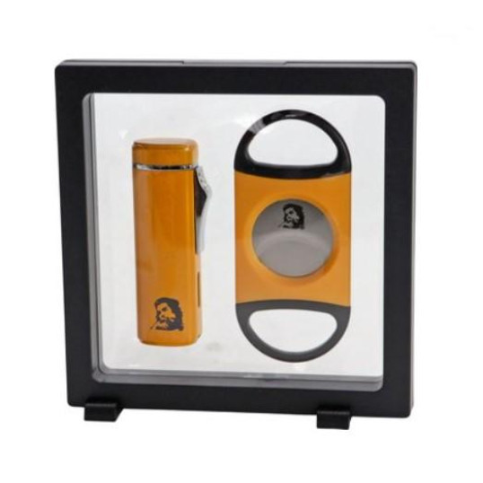 Jean Claude „Che” szivaros szett – 3 jet lángos öngyújtó és dupla pengés szivarvágó, sárga-fekete