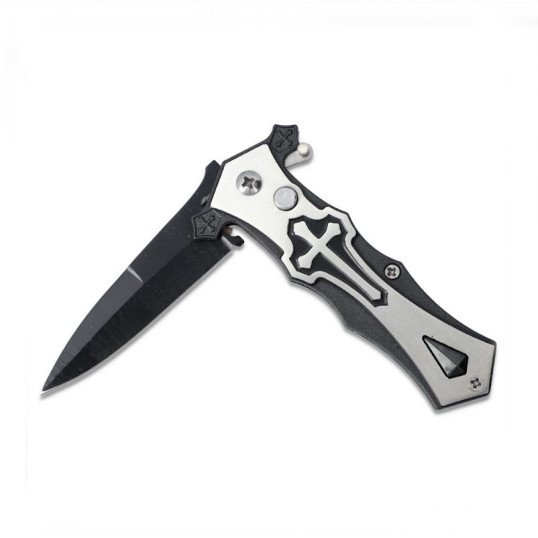 Fémből készült rugós bicska - fekete és ezüst színű műanyag markolattal 