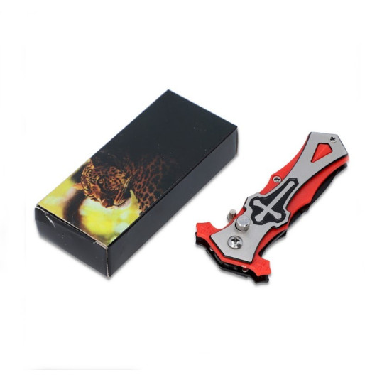 Fémből készült rugós bicska - piros, fekete és ezüst színű műanyag markolattal 