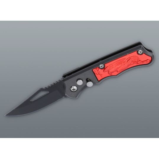 Fémből készült , dombornyomott markolatú rugós bicska - fekete, piros színű