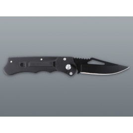 Fémből készült , dombornyomott markolatú rugós bicska - fekete, piros színű