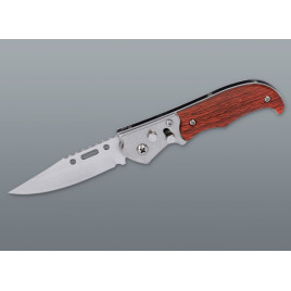 Fémből készült , fahatású markolatú rugós bicska