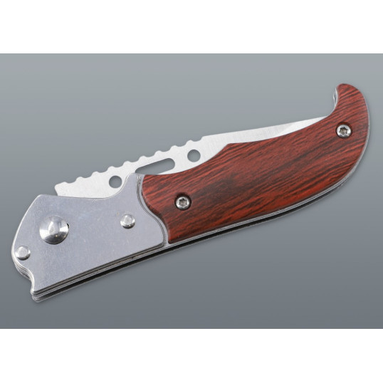 Fémből készült , fahatású markolatú rugós bicska