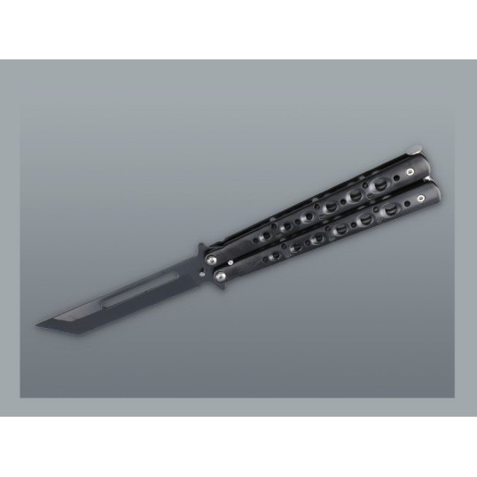 Fekete színű fémből készült pillangókés lyukacsos markolattal