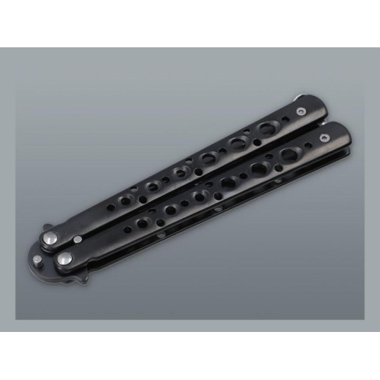 Fekete színű fémből készült pillangókés lyukacsos markolattal