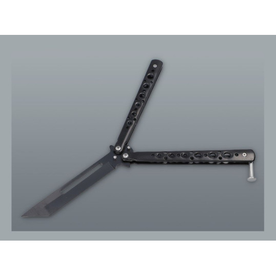 Fekete színű fémből készült pillangókés lyukacsos markolattal