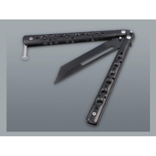 Fekete színű fémből készült pillangókés lyukacsos markolattal