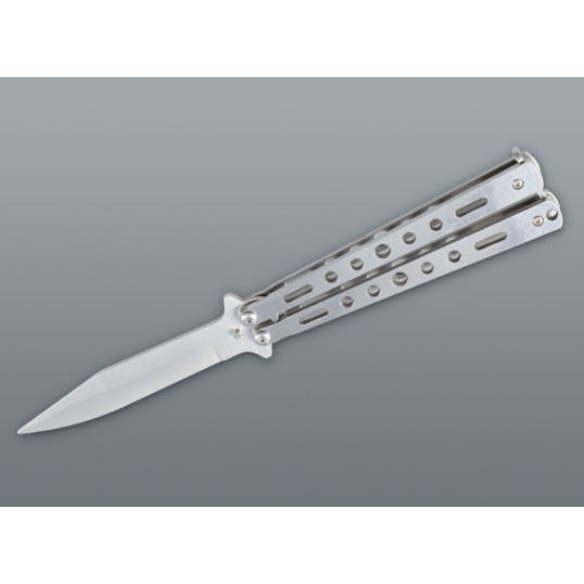 Szálcsiszolt acél pillangókés perforált markolattal – 22,5 cm