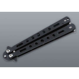Fekete balisong pillangókés lyukacsos fém markolattal – 22,5 cm