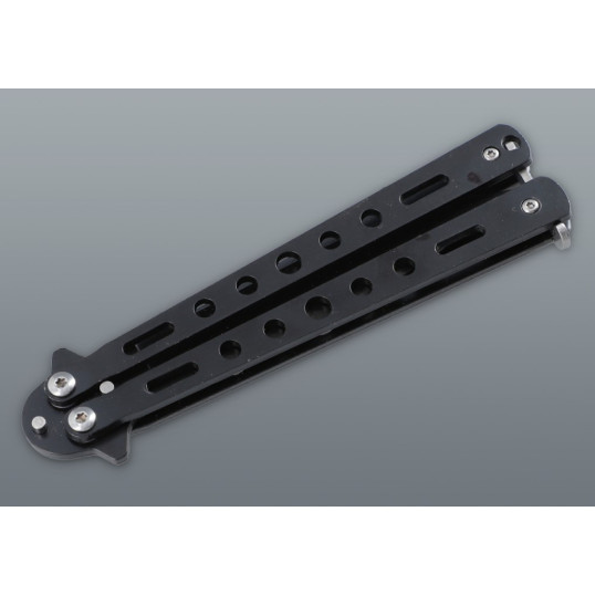 Fekete balisong pillangókés lyukacsos fém markolattal – 22,5 cm