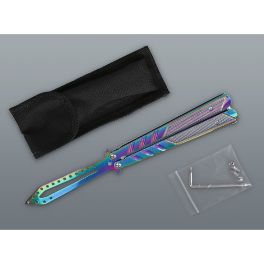 Szivárvány balisong pillangókés lyuggatott pengével – 24 cm, tokkal